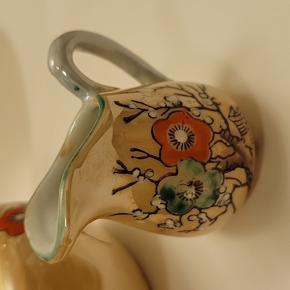 Vintage Japanese Hand Painted Floral Teapot And Pitcher.  Bamboo Handle. - Picture 6 of 10